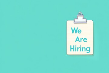An illustration featuring the text 'We Are Hiring' displayed on a clipboard set against a turquoise background, representing job openings and a welcoming work environment.