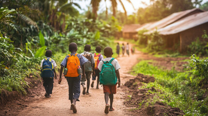 Fototapeta premium A group of African children, carrying school backpacks, walk along a dirt path through a verdant rural village, highlighting the themes of volunteerism, donations, and charity