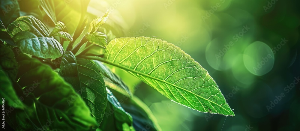 Poster green leaf in a garden with space for text ideal for nature wallpaper backgrounds. creative banner. 