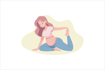 Pregnant women practice yoga. Women doing exercises, meditation, pilates, breathing practice in yoga class. Vector illustration.