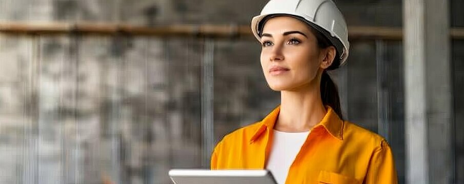 Architectural Sketch on Digital Tablet, female architect, modern design elements, partially completed building, technological integration, innovative ideas, construction site