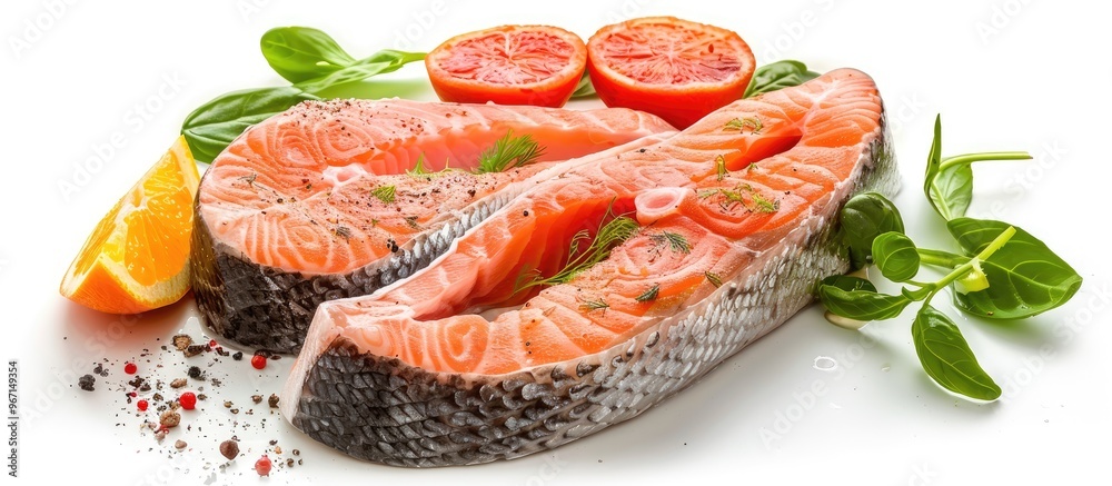 Poster salmon steaks baked and healthy displayed on a white background with room for text or images can be 