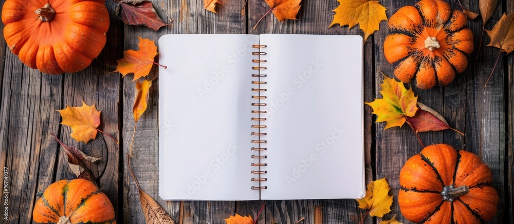 Poster autumn themed arrangement of a notebook pumpkins and leaves on a wooden surface with copy space imag