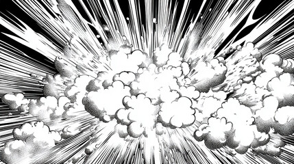 Black and white vector comic book-style illustration depicting a dramatic sky with thick clouds and a bright light bursting through in an explosion effect, capturing a powerful and dynamic scene.