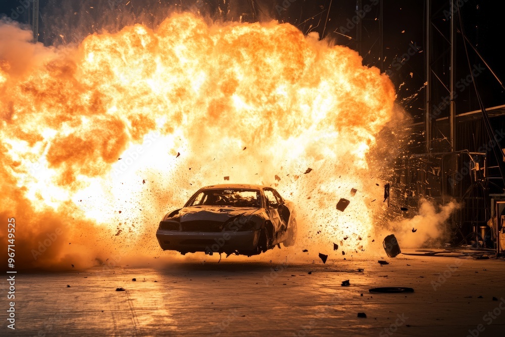 Poster a dramatic scene of a car exploding in a massive fireball, with flames and debris flying in all dire
