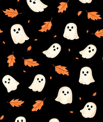 Charming pattern of cartoon ghosts and pumpkins with leaves, in a vibrant orange-pink color scheme against a black background. The simple vector design highlights minimalism and high-quality detail.