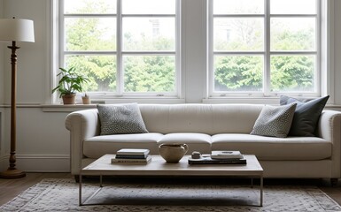 Modern luxury living room with elegant decor and minimalistic design..