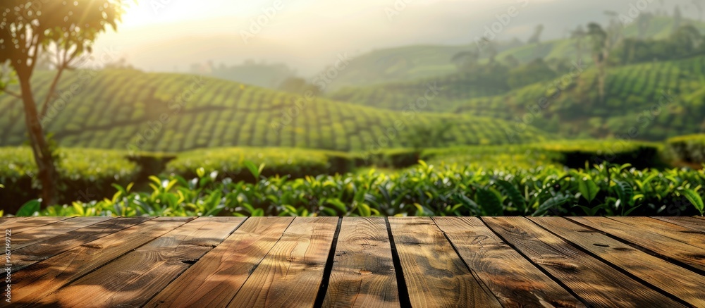 Poster Wooden table with a blurred tea plantation backdrop creating a copy space image for displaying tea products along with the scenic farm view