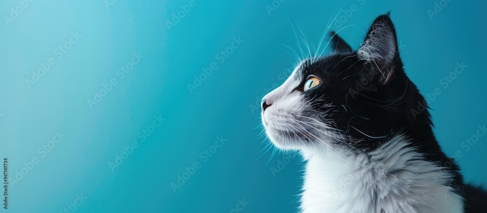Poster a cat with black and white fur is pictured against a blue and white backdrop in a copy space image