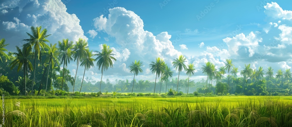 Poster Scenic view of a lush paddy field with coconut trees in the background set against a vibrant sky with white clouds ideal for a copy space image