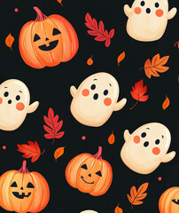 Adorable pattern featuring cartoon ghosts and pumpkins with leaves, using orange-pink hues on a black backdrop. The vector illustration is flat and minimalist, with high detail and resolution.

