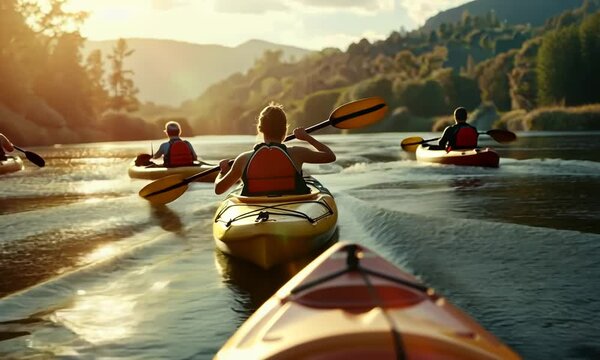Friends kayaking on a river for National Paddleboarding Day, navigating through calm waters, hyperrealistic . Video