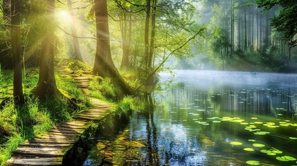 Obraz premium Beautiful landscape view of green summer forest with spruce and pine trees mountain, lake, river.