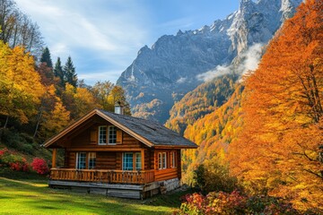 Idyllic wooden cottage nestled in a scenic autumn landscape with vibrant foliage, set against majestic mountains, epitomizing tranquility and natural beauty.