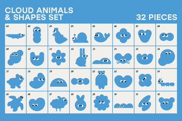 Aesthetic cute emotions shapes animal colorful minimalist geometric forms elements set for logo identification identity brand poster cards stickers designs 