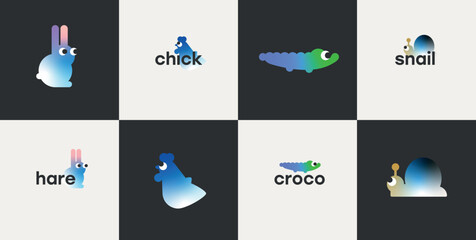 Aesthetic cute emotions shapes animal colorful minimalist geometric forms elements set for logo identification identity brand poster cards stickers designs 