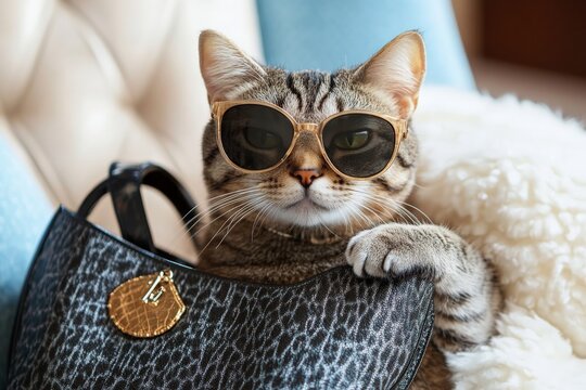 A cool cat with stylish sunglasses is leaning on a black handbag, displaying an aura of effortless elegance and sophistication, perfect for feline fashion enthusiasts.