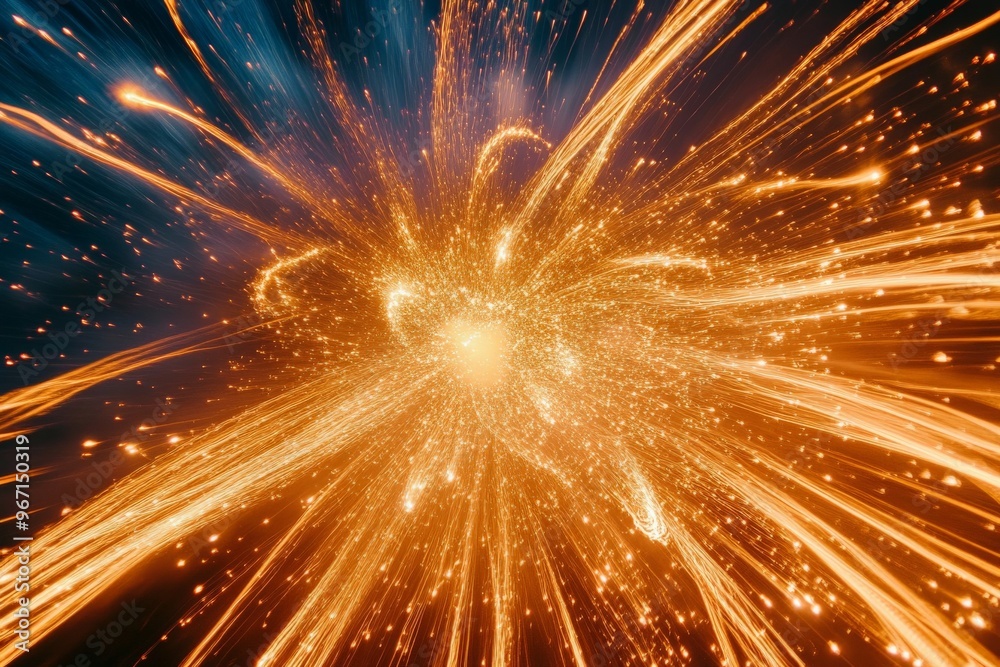 Fototapete A stunning image showing a vibrant explosion of light with bright sparks and trailing lines, creating a futuristic and dynamic representation of energy and brilliance.