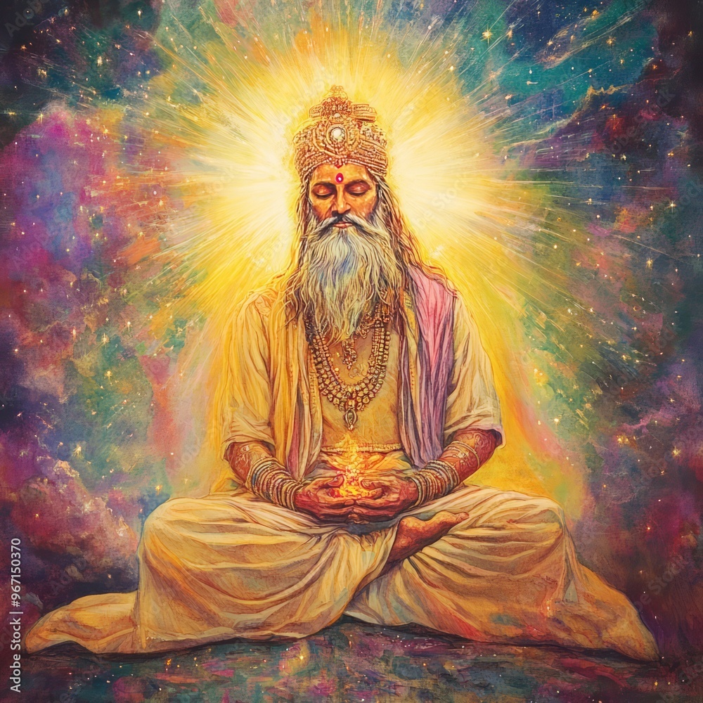 Wall mural A spiritual figure meditating in a cosmic background, radiating light and peace.