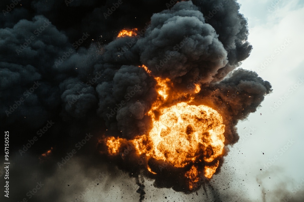 Poster a gigantic explosion creating an enormous fireball with thick black smoke spiraling upwards, showcas
