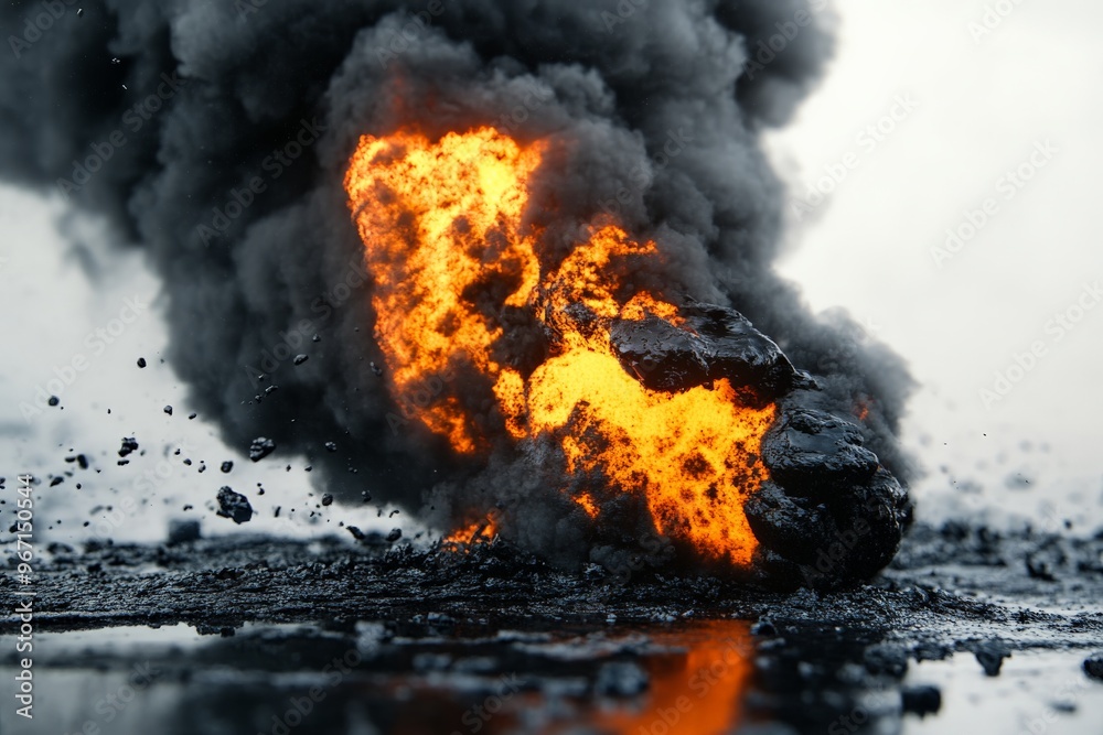 Poster a powerful explosion at ground level causing fiery debris and thick smoke to rise high into the air,