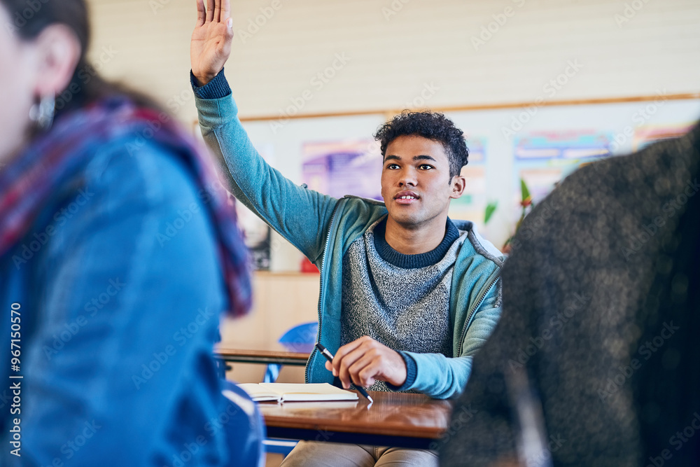 Poster man, student and hand raised for education, classroom or notes with solution for test at university.