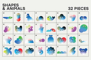 Aesthetic cute emotions shapes animal colorful minimalist geometric forms elements set for logo identification identity brand poster cards stickers designs 