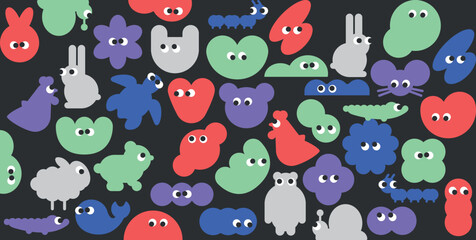 Aesthetic cute emotions shapes animal colorful minimalist geometric forms elements set for logo identification identity brand poster cards stickers designs 