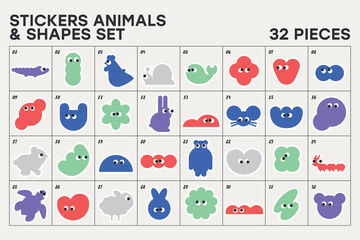 Aesthetic cute emotion shapes animal colorful minimalist geometric forms elements set for logo identification identity brand poster cards stickers designs 