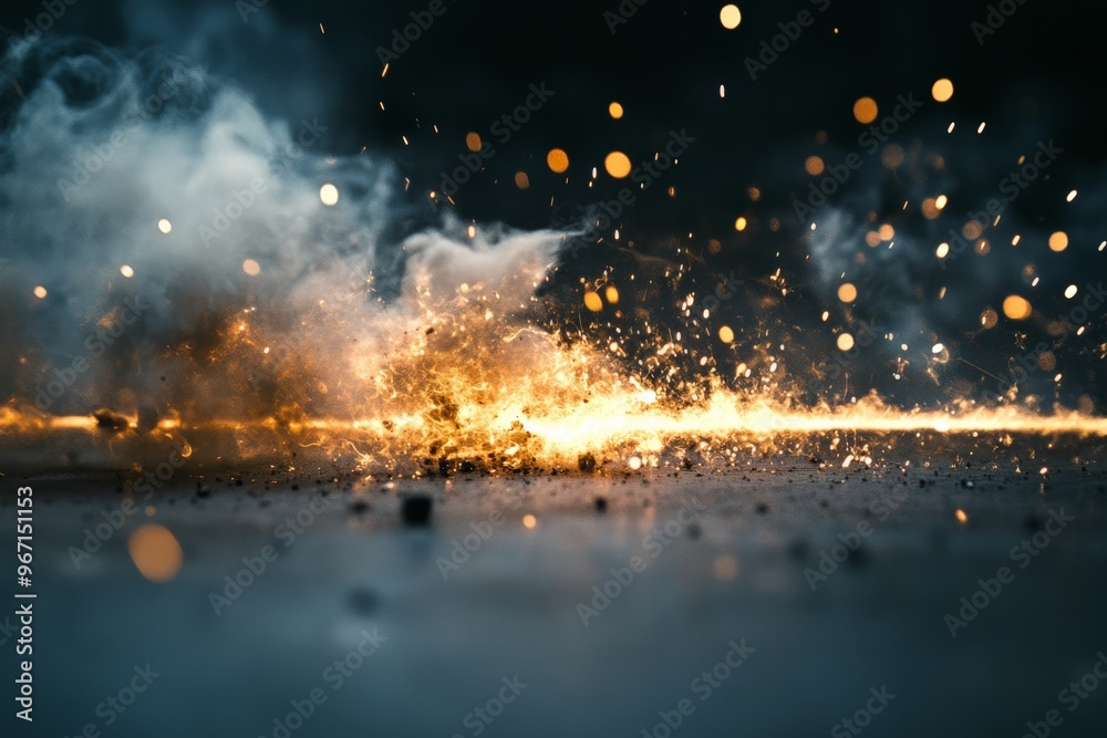 Poster a powerful explosion sends bright sparks flying through the dark atmosphere, their illumination cutt