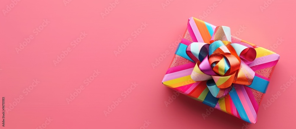 Poster a colorful bow adorns a lovely gift box set on a pink backdrop in a top down view providing ample sp