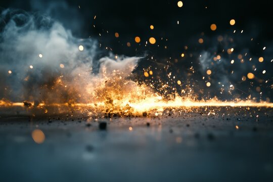 A powerful explosion sends bright sparks flying through the dark atmosphere, their illumination cutting through the gloom and creating a scene of dynamic energy and chaos.
