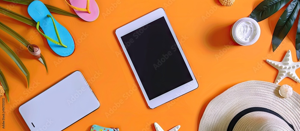 Leinwandbilder top down view of a tablet flip flops sunscreen and beach items on an orange background ideal for a c