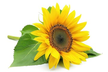 Obraz premium A single yellow sunflower sits on a white background surrounded by lush green leaves