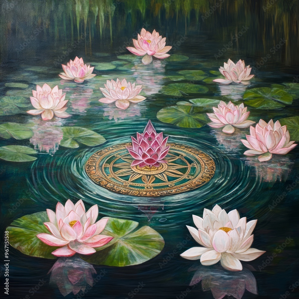 Wall mural A still life painting of pink and white lotus flowers floating on a pond with a compass in the middle of the pond.