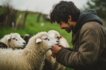 Naklejka premium A farmer tenderly engages with a flock of white sheep on a farm, showcasing the harmonious bond and care between humans and animals in this picturesque pastoral scene.