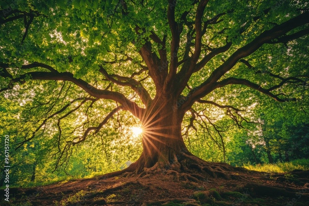 Poster a magnificent tree with sprawling branches and lush green leaves, with the beautiful sunlight creati