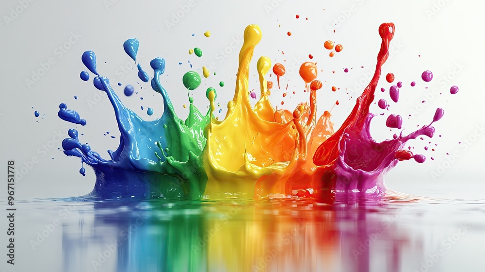 Poster vibrant splash of rainbow colors creating dynamic patterns on a reflective surface, perfect for arti