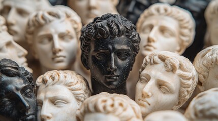 Obraz premium Tension Between Contemporary Ideas and Classical Values: Black Iron Head Amidst Traditional White Marble Heads
