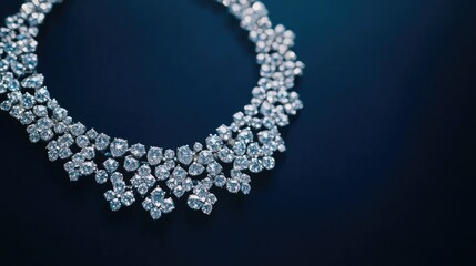 A high-angle shot of a dazzling diamond necklace arranged on a deep blue background, the diamonds sparkling vividly in soft light, emphasizing luxury and elegance
