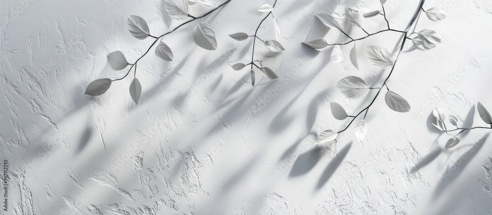Wall mural white concrete surfaces with leaf and branch shadows creating a natural pattern of light gray shadow