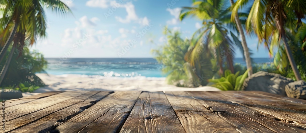 Aufkleber empty wooden table in foreground against a blurry tropical beach backdrop with coconut palms ideal f