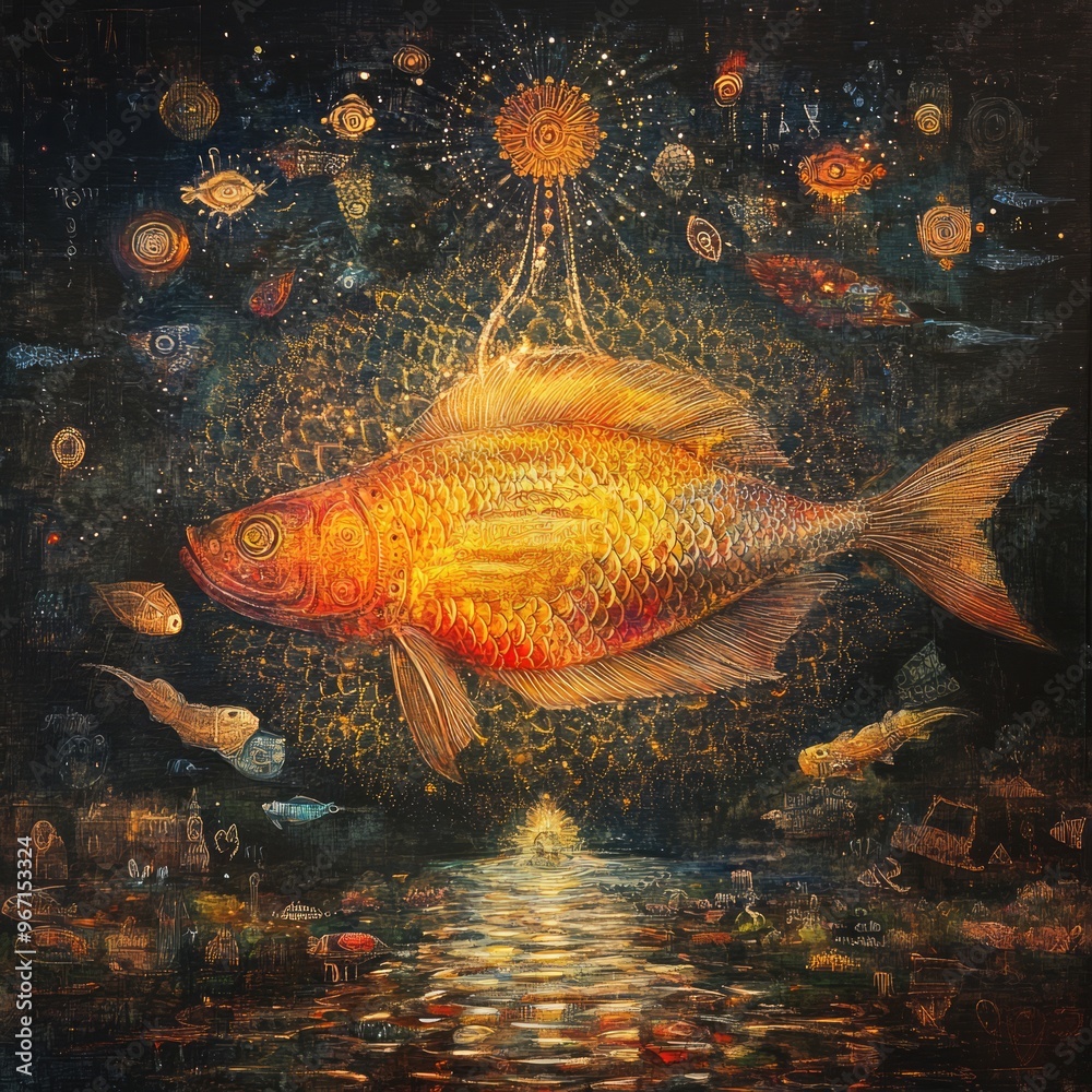 Poster A surreal painting of a golden fish swimming in a starry sky with various celestial bodies and symbols.