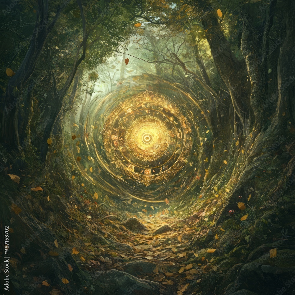 Wall mural A swirling vortex of leaves and light in a dense forest.