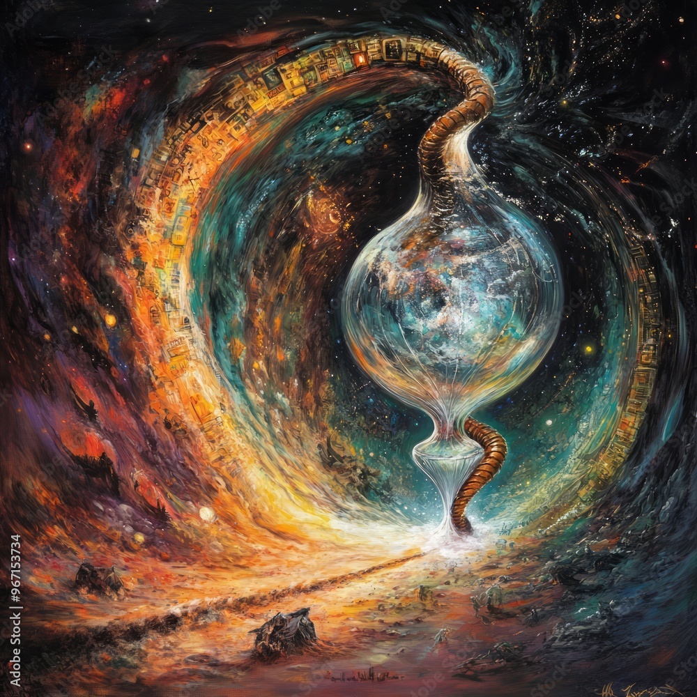 Canvas Prints A swirling, cosmic nebula surrounds a large, glass orb containing Earth, held aloft by a winding, twisted tube.