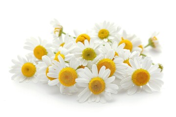 Fototapeta premium A collection of white and yellow flowers arranged on a white surface