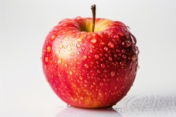 A juicy red apple with water droplets glistening on its surface