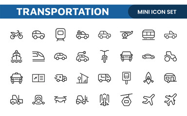 Transport icon set. Containing distribution, shipping, transportation, delivery, cargo, freight, route planning, supply chain, export and import icons. Solid icon collection.