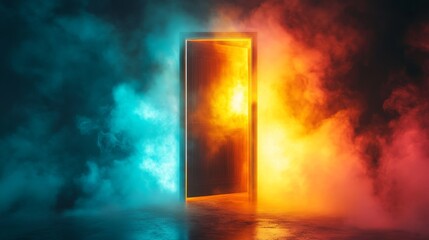 Psychedelic glowing light behind a slightly open door, illuminating abstract swirling patterns, symbolizing a journey into the unknown. Psychedelic, vibrant colors, surrealism