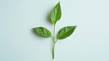 Fototapeta premium Three Green Leaves on a Single Stem Against a Light Blue Background